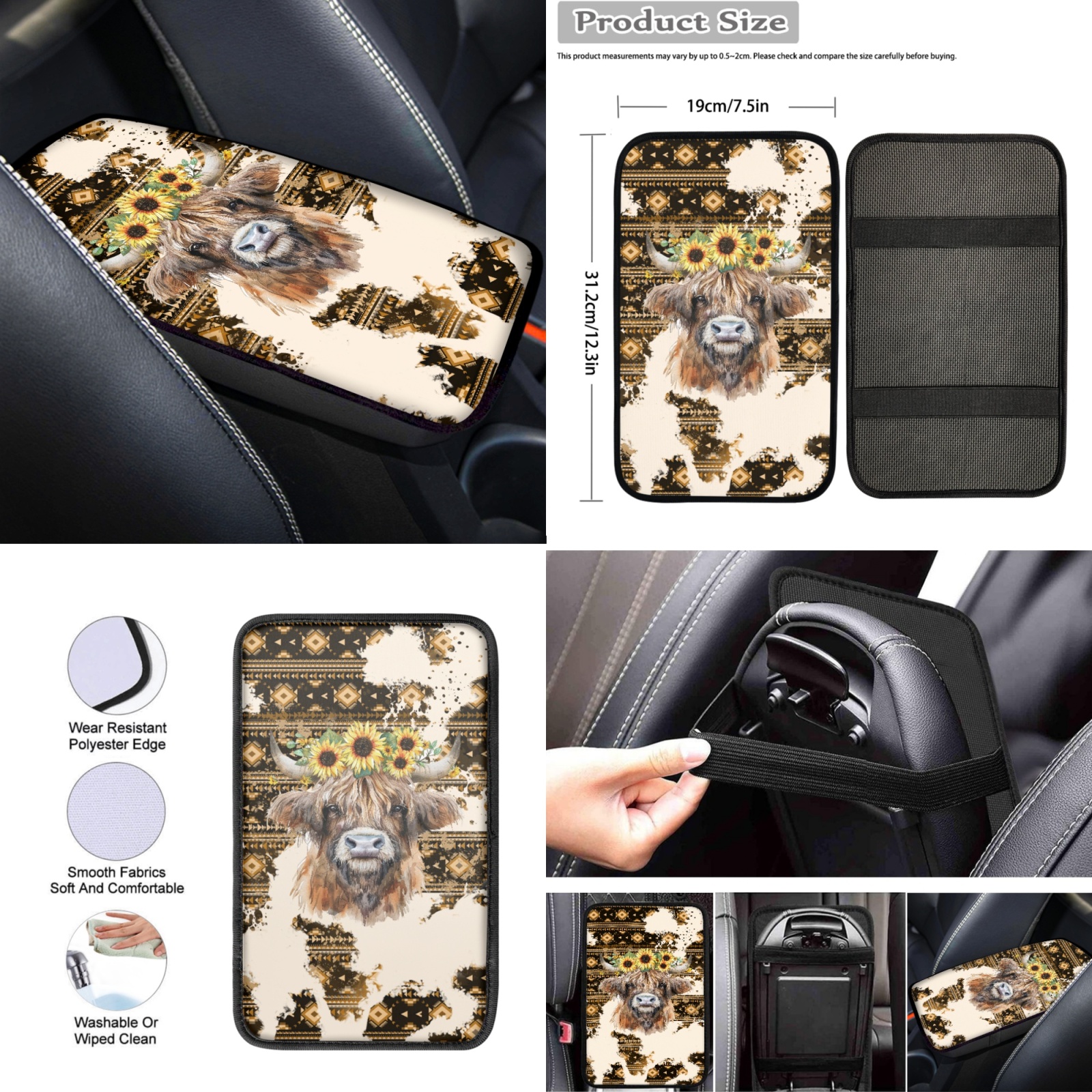 Renewold American Tribal Highland Cow Sunflower Brown 12 PCS Car Seat Covers Set for Women, Soft Steering Wheel Cover Seat Belt Pad Armrest Pad Handbrake Cover Gear Shift Cover Coasters