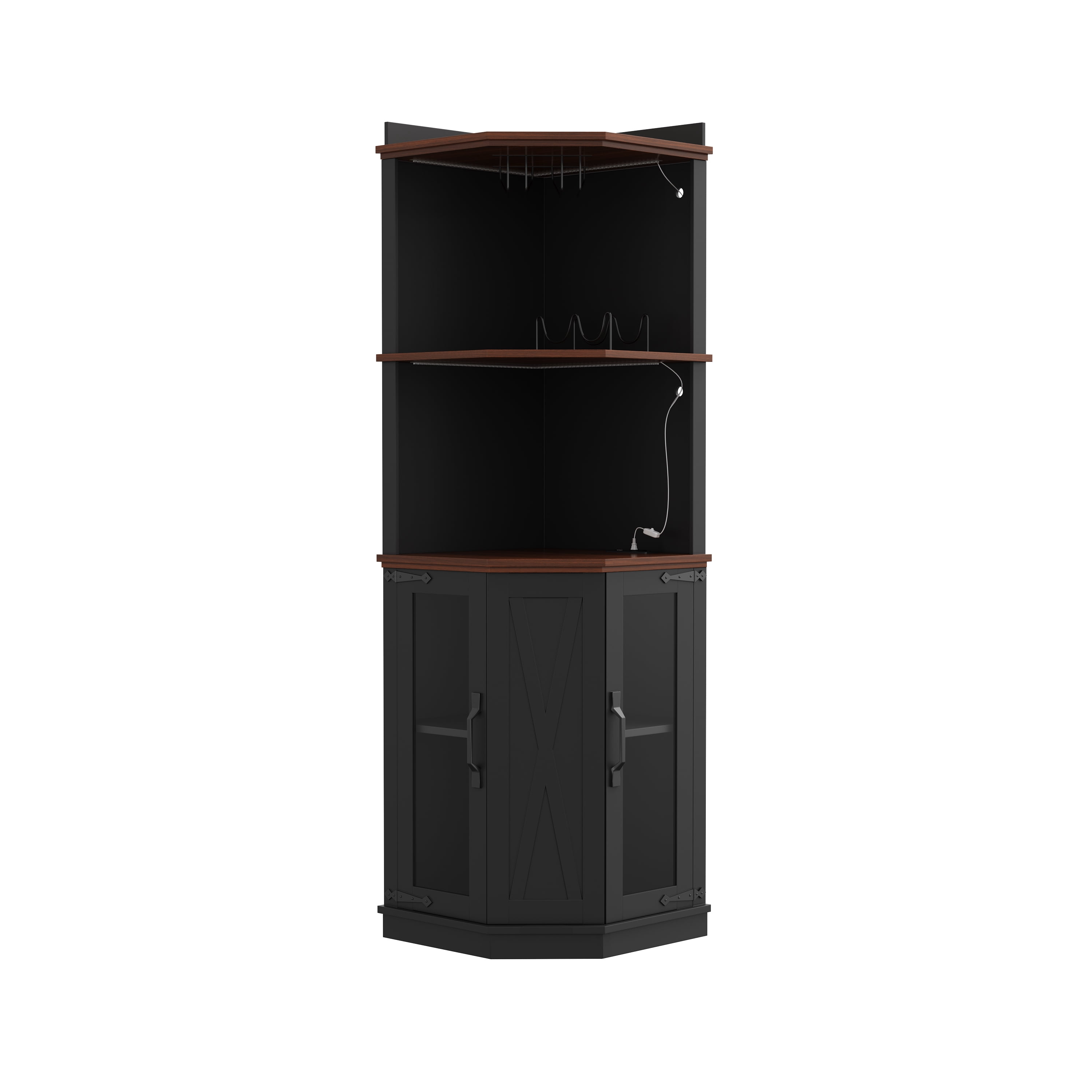 GARITIN 67.3 Inch Corner Bar Cabinet with Power Outlet, Farmhouse Wine Bar Cabinet with Adjustable Shelves, Lights & Glass Rack for Dining Room Living Room, Black