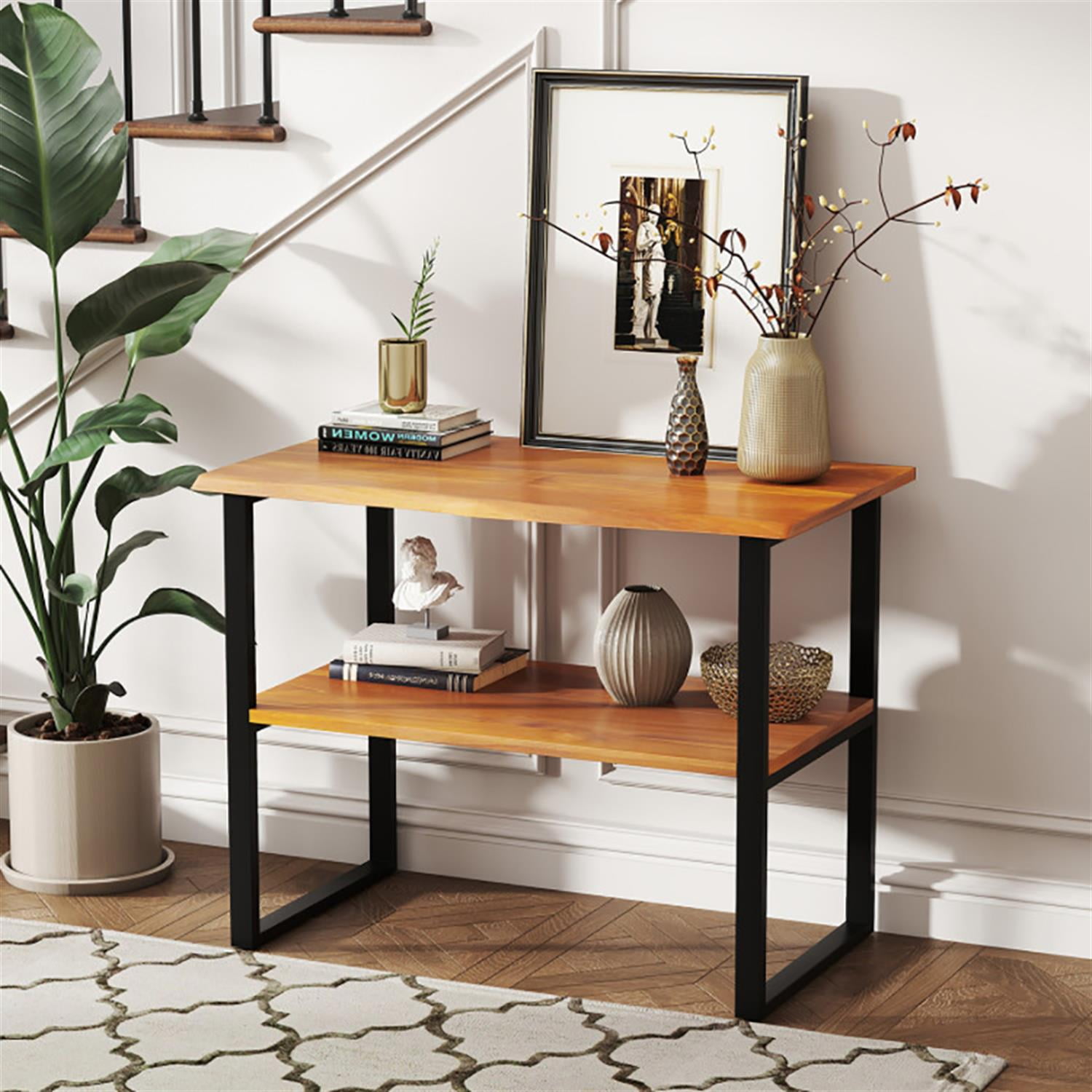 Demi Bonn Teak Wood Sofa Side Table, 2-Tier End Table, Nightstand for Small Spaces, Living Room, Bedroom, Brown