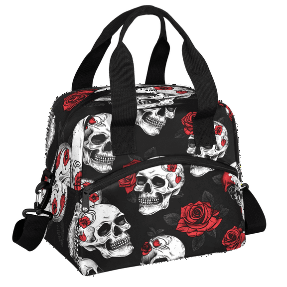 Herdesigns Skull Rose Flower Insulated Lunch Bag for Women Men Adult, Reusable Insulated Cooler Lunch Box Lunch Tote Bag for Work Picnic Beach