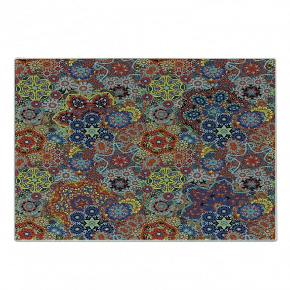 Batik Cutting Board, Vintage Combined Nested Paisley Motif Oriental Feminine Cultural Eastern Batik Theme, Decorative Tempered Glass Cutting and Serving Board, Small Size, Multicolor, by Ambesonne