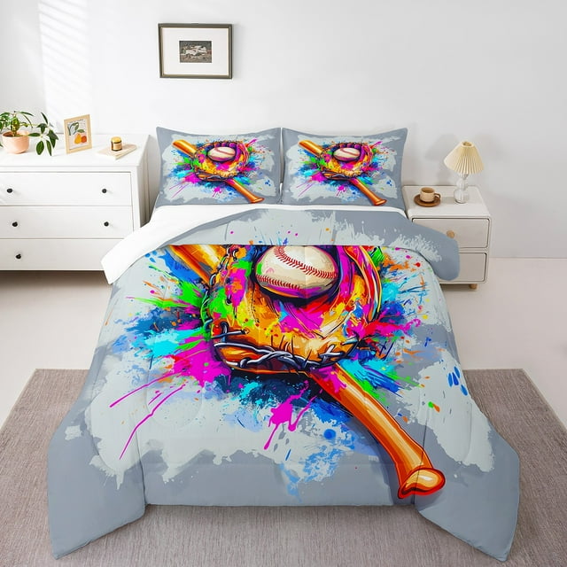 Erosebridal Gaming Baseball Bedding King Comforter Set,Graffiti Splash Bedding Sets King with Comforter,Microfiber Comforter Sets King Size,Gamer Decoration