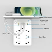 Multi Plug Outlet with Shelf, Smasener 6-Outlet Extender Socket with 4 USB Charging Ports (3.4A Total) and Night Light, Wall Outlet Expander Power Strip - White