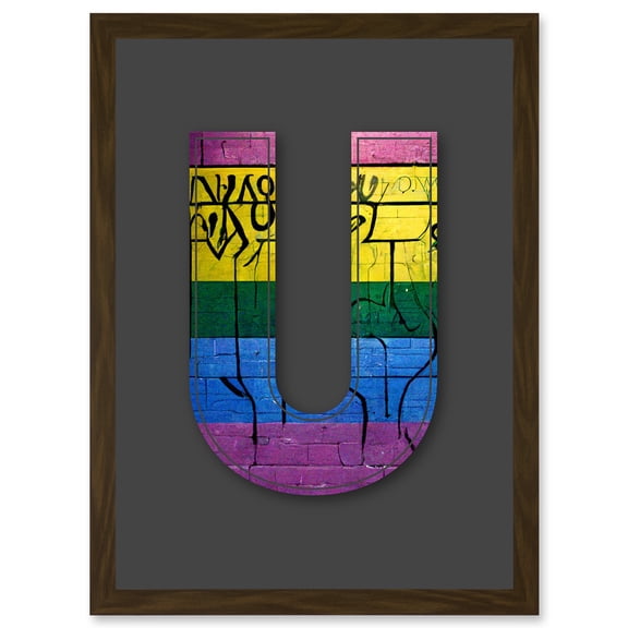 Letter U Sriped Wall Yellow Purple Green Blue Decorative Graffiti Mural Alphabet Initial Stencil Artwork Framed Wall Art Print A4