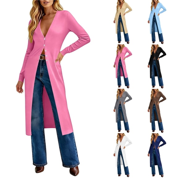 Feancey Long Cardigans for Women Lightweight Knit Dusters V Neck Button Up Sweaters Solid Color Fashion Jackets Elegant Office Work Jacket Khaki S