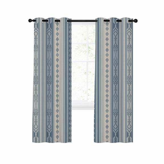 Blue Bohemia Stripes,Boho Vintage Flower Line Art Blackout Curtains 54 Inches Long for Bedroom, Thermal Insulated Room Darkening Black Out Window Curtain Panels Grommet Drapes for Living Room