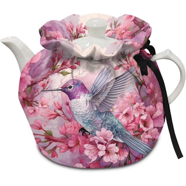 Pink Florals Hummingbirds Tea Pot Cozies Dustproof Soft Breakfast Pot Protector Warmth and Insulation Kettles Bag Wear-Resistant Coffee Kettle Drop Protection