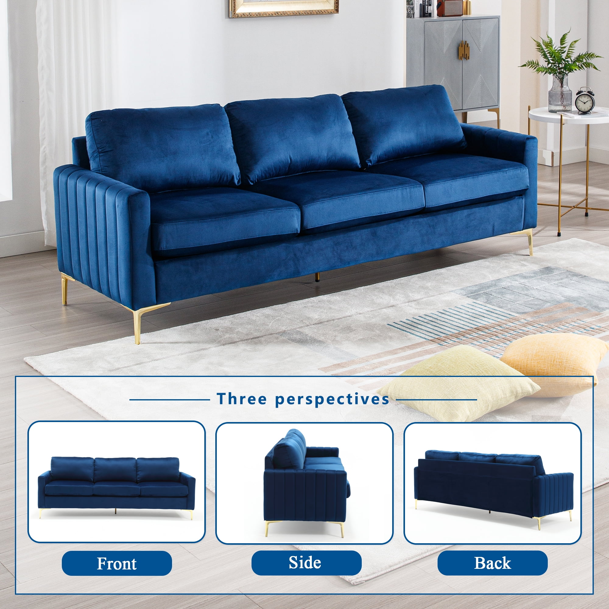 Lunale 85" Velvet Sofa, 3-Seater Deep Seat Cloud Couch, Modern Living Room Furniture, Navy Blue