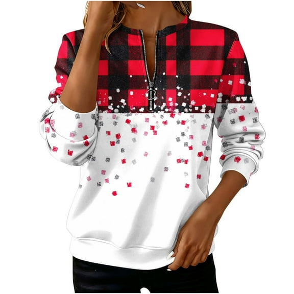 Women’s Christmas Plaid Sweatshirt Quarter Zip Lapel Tunic Top Long Sleeve Holiday Pullover with Xmas Graphic Vintage Casual Winter Top,Multicolor,XXL