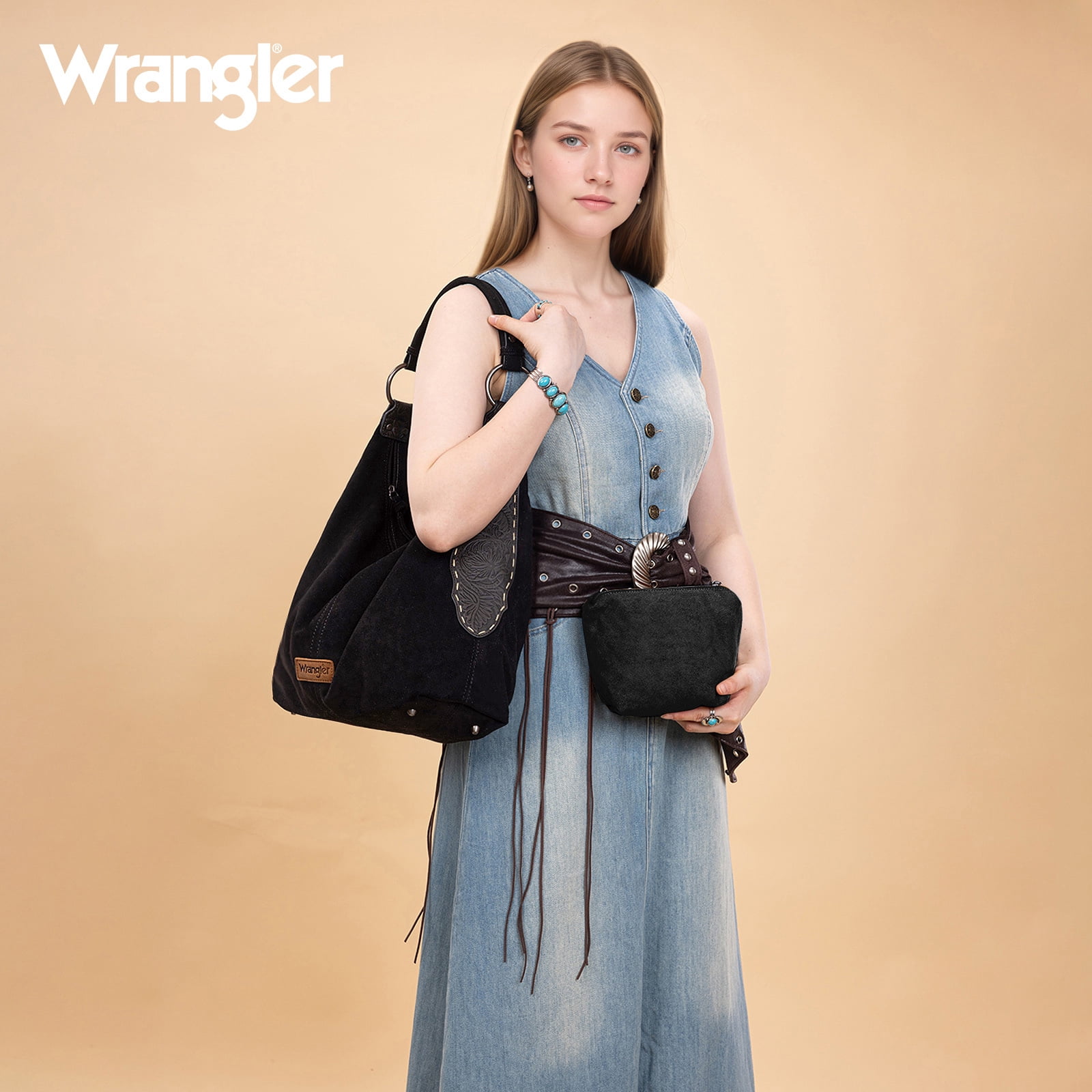 Wrangler Suede Hobo Purse for Women Embossed Soft Slouchy Shoulder Bag 2Pcs Set, Black
