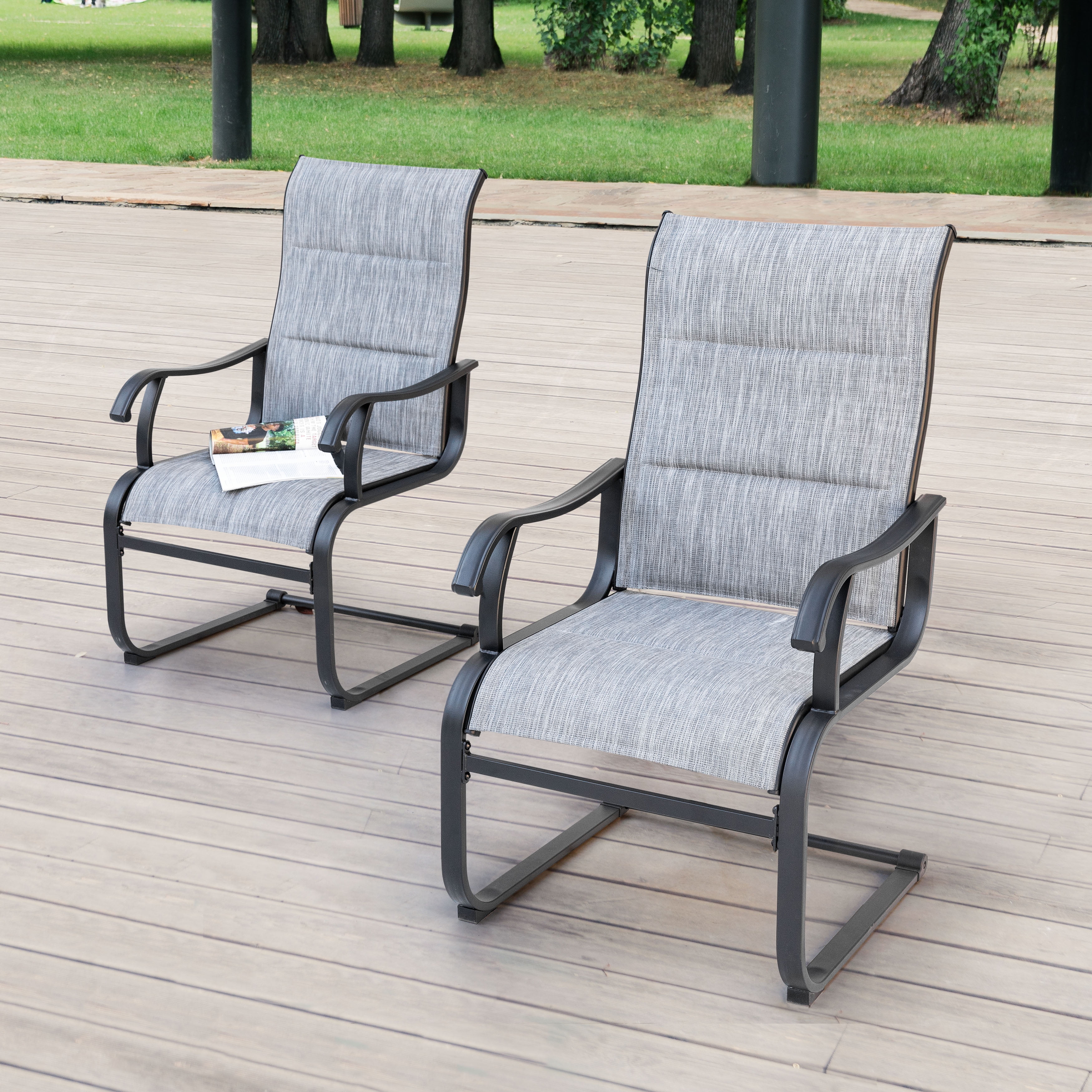 Nuu Garden Patio Dining Chairs Set of 4, All Weather Outdoor Padded Textilene Patio Chairs, Breathable Spring Motion Textile High Back, Light Gray