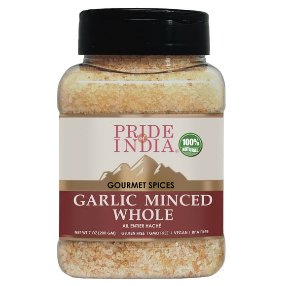 Pride of India – Ail Haché – Assaisonnement Gourmet – Idéal pour Trempettes/sauces/pain/salade/sautés – Condiments de Garde-Manger Idéaux – Facile à Utiliser – Bouteille à Double Tamis de 1,9 oz.