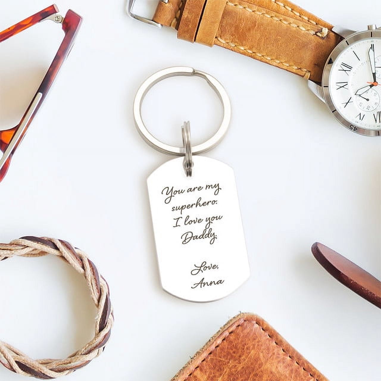 Anavia Personalized Actual Handwriting Dog Tag - Engraved Father's Day Dog Tag - Gift for Dad - Customized Hand Writing Message for Dad - Custom Personalized Keychain