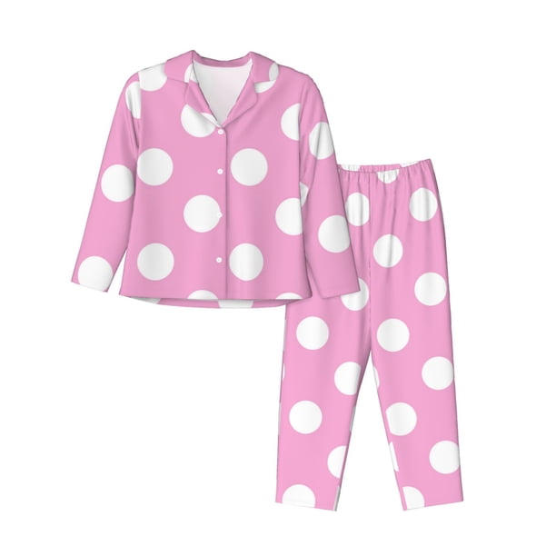 Fotbe Pink And White Polka Dot Conjunto de Pijama de Manga Larga para Mujer con Estampado, Ropa de Dormir de 2 Piezas, Conjunto de Casa Suave y Cómodo con Bolsillos-XX-Large