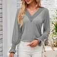 thumbnail image 5 of ATOYSOY V Neck Pullovers Loose Lace Crochet Shirts for Women Casual Elegant Cotton Linen Outwear Fall Patchwork Tops Ruffle Long Sleeve Business Tees Trendy Clearance Gray L, 5 of 8