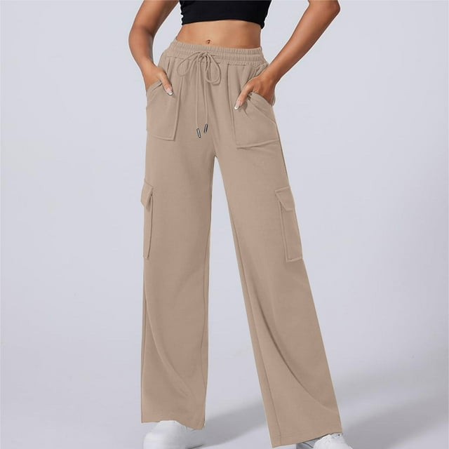 Leodye Women's Elastic Waist Drawstring Loose Wide Leg Multiple Pockets High Waisted Work Cargo Khaki 4(S)