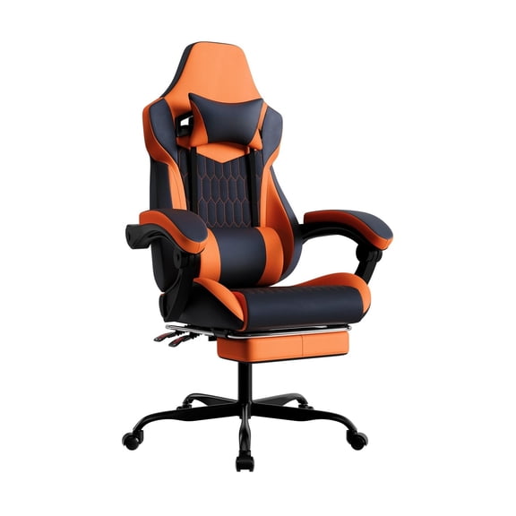 Gaming Chair with Retractable Footrest, High‑Back PVC Leather Ergonomic Racing Gamer Chair, Adjustable Headrest & Lumbar Support, Swivel Video Game Chair for Gaming Room, Home Office, Black Orange
