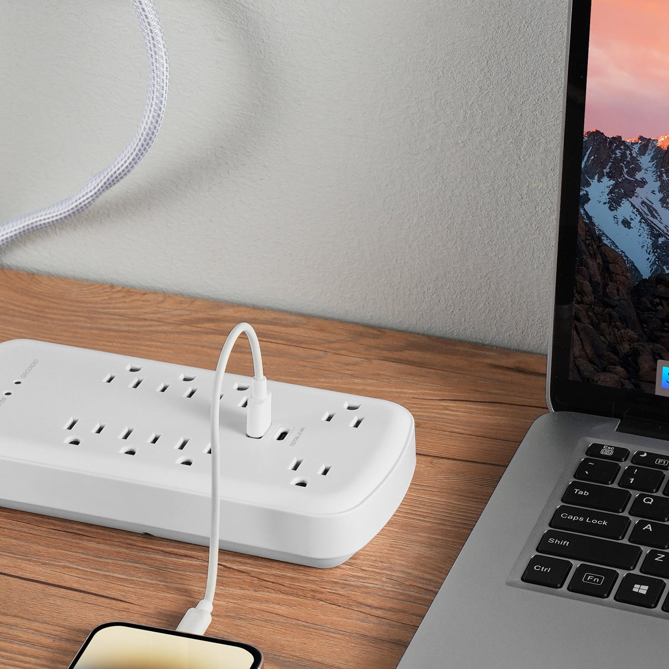 Hyper Tough Surge Protector Power Strip with USB-A, USB-C, 8 Outlets, 10ft Extension Cord, White