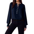 thumbnail image 3 of Women Henley Neck Half Button Drop Shoulder Loose Long Sleeve Knit Pullover Sweater Dark Blue XXL, 3 of 9