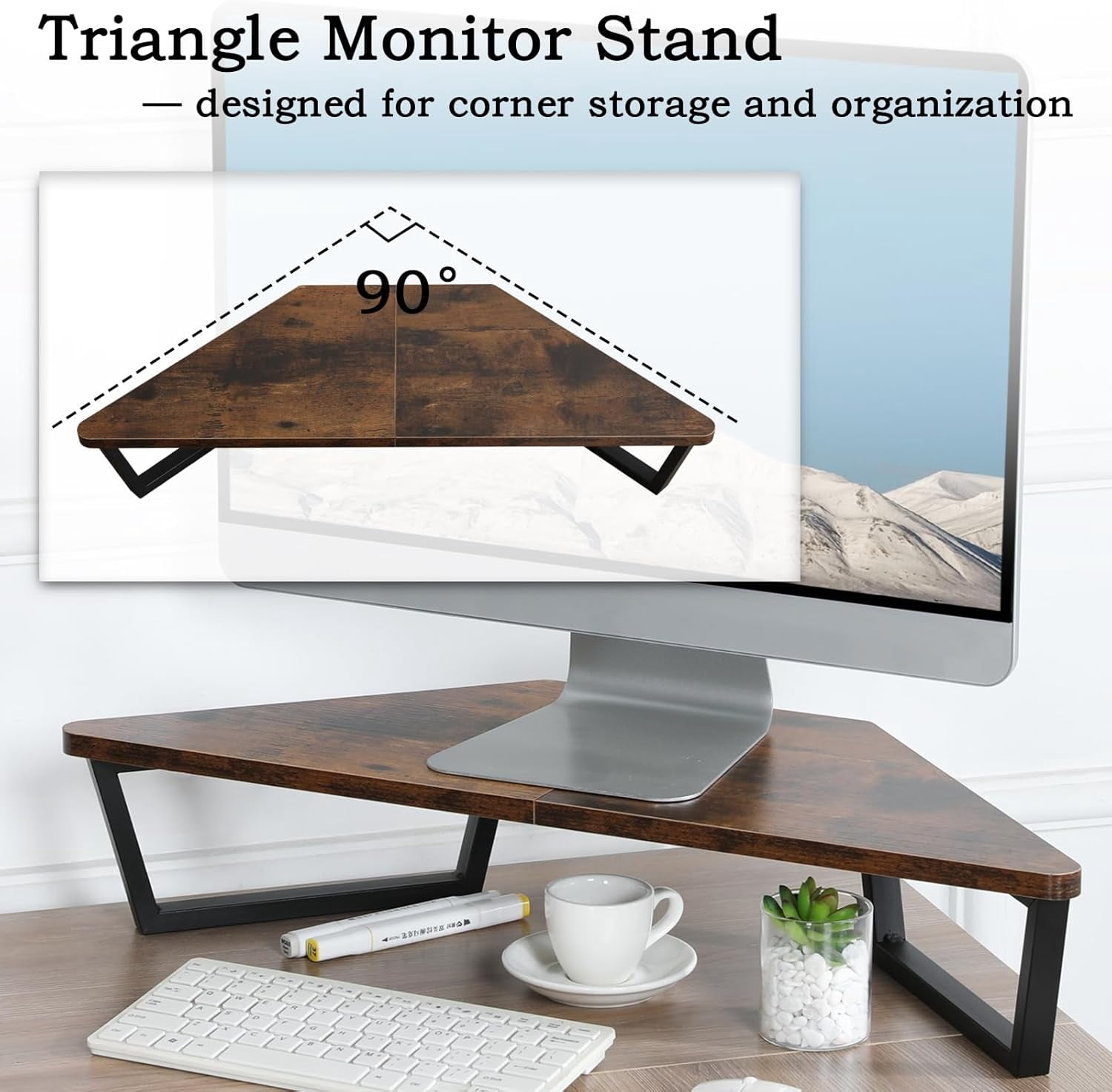 26 inch Triangle Monitor Stand Riser, Desktop Corner Shelf with Metal Leg Wood Computer Stand with Storage Laptop Riser Office Organization