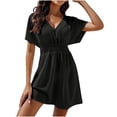 thumbnail image 2 of Summer Saving Wycnly Womens Dresses Beach Vacation Casual Elastic Waist Smocked Swing A Line Short Sundress Summer Solid V-Neck Short Sleeve Formal Mini Dress Black m, 2 of 6