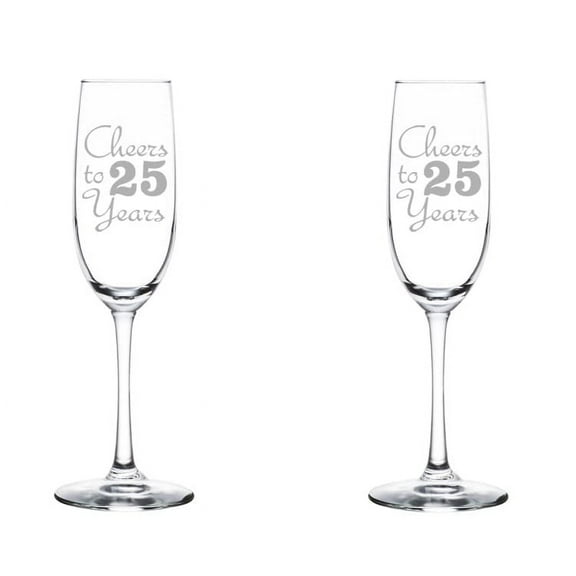 Set of 2 Glass Champagne Flutes Sparkling Wine Glasses Birthday Anniversary Cheers 25 Years (8 oz Stemmed)