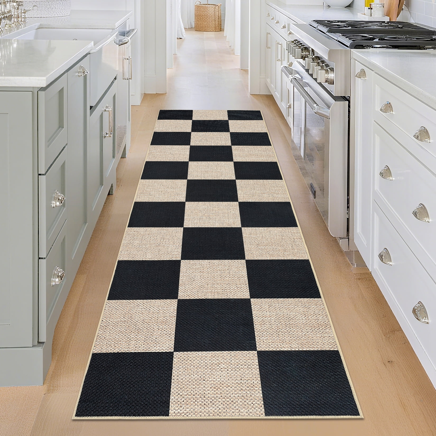 Hasoo Easy Jute Checker Runner Washable 2' x 6' Throw Rug for Hallway Enterway Neutral Indoor/Outdoor Black/White Carpet