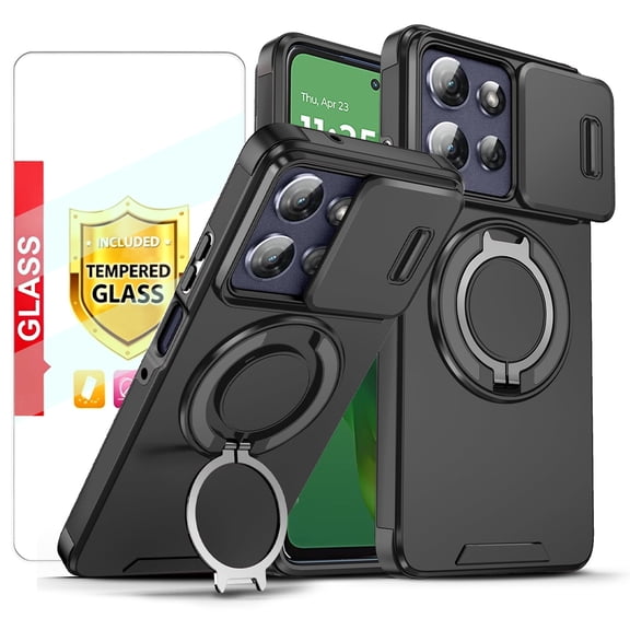 Kryonix for Motorola Moto G Power 2025 6.8'' Case with Screen Protector,Includes a Sliding Camera Cover,360° Magnetic Rotated Ring Kickstand,Military Grade Shockproof Protective Cover,Black