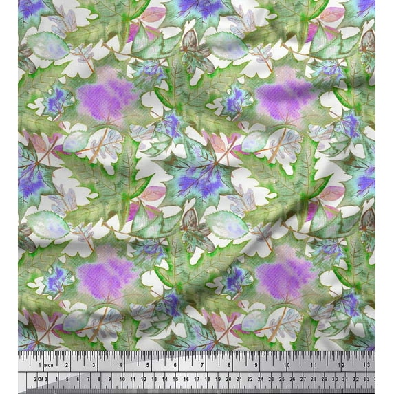 Soimoi Green Japan Crepe Satin Fabric Autumn Leaves Decor Fabric Printed Yard 42 Inch Wide