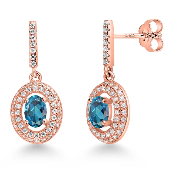 Gem Stone King 18K Rose Gold Plated Silver London Blue Topaz and White Moissanite Dangle Earrings for Women (1.71 Cttw, Gemstone November Birthstone, Oval 6X4MM)