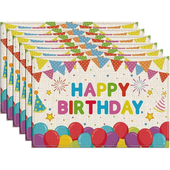 6Pcs Happy Birthday Placemats 11.8x17.7 Rectangle Table Mats Non-Slip Washable Linen Table Mats Colorful Table Placemats for Outdoor Home Celebrate Party Table Decoration