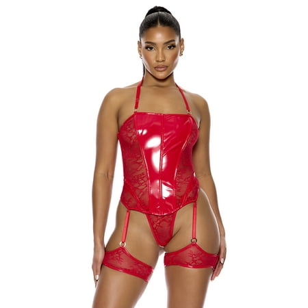 Perfect Pair Vinyl and Lace Bustier Lingerie Set - Red