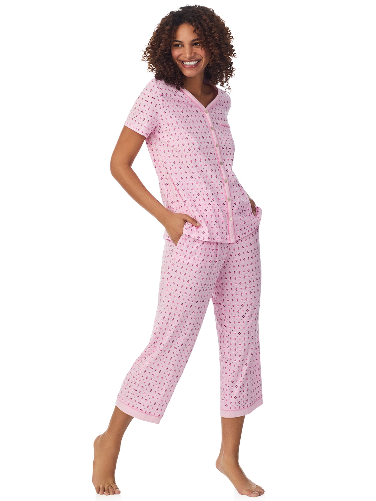 Aria Short Sleeve 100% Cotton Cropped Pajama Set with Pockets, Women’s Sizes S-3X