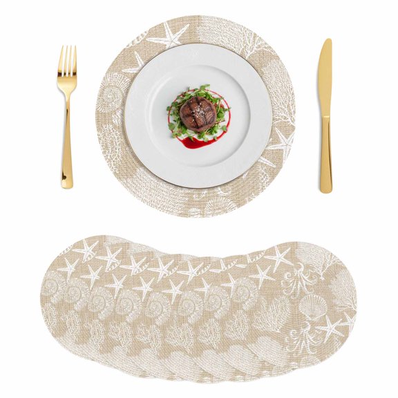 Brown Beige Coastal Round 13 Inch Placemats Set of 8, Nautical Coral Starfish Shell Octopus Sea HeatResistant Non Slip Place Mats for Dining Table, Wipeable Kitchen Table Mats for Housewarming