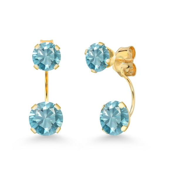 Gem Stone King 14K Yellow Gold Blue Zircon Dual Drop 2 Stone Round Earrings for Women (4.10 Cttw, Gemstone Birthstone, Round 6MM and 5MM)