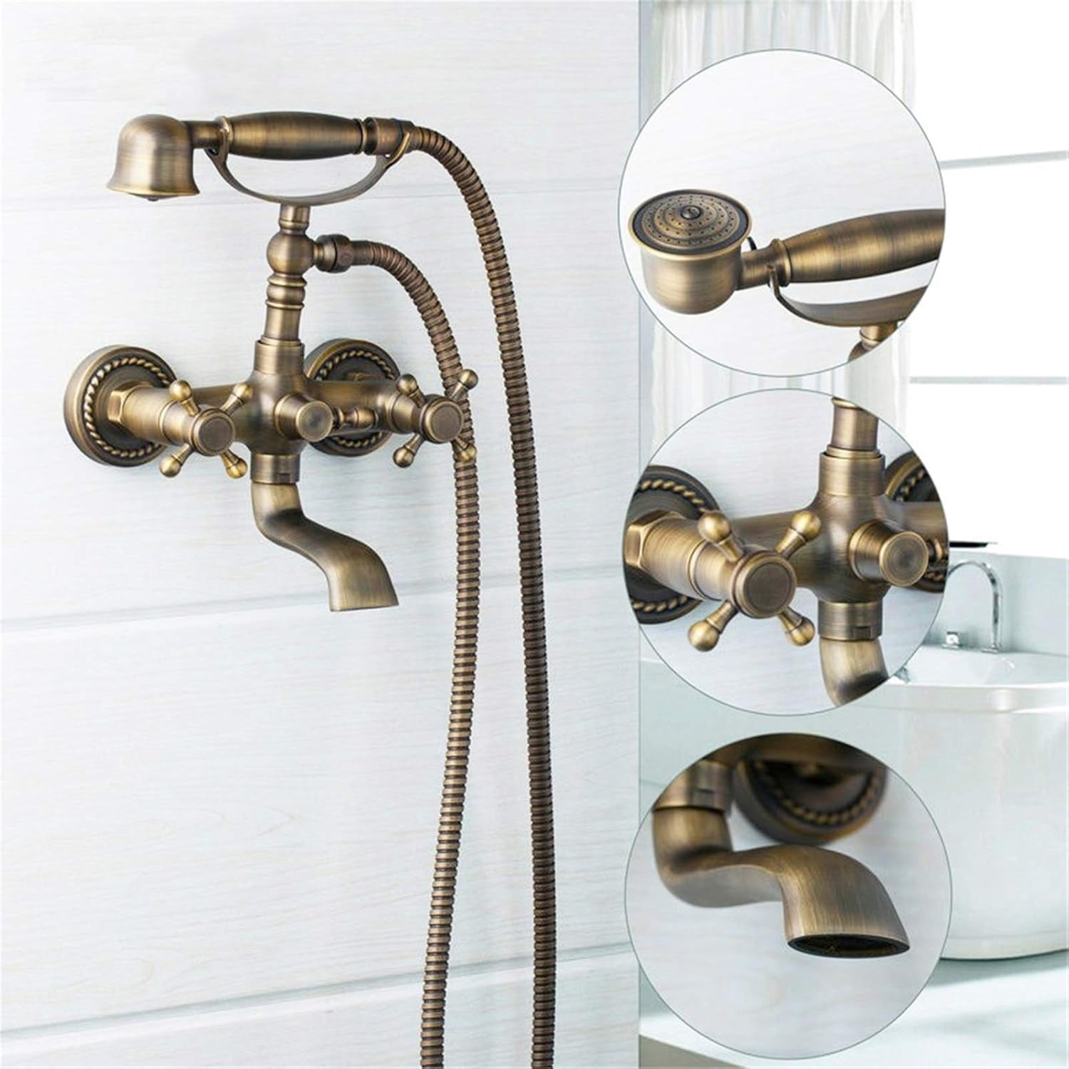 Vintage Wall Mount Antique Brass Bathtub Faucet with Hand Shower Sprayer, Bathroom Tub Faucet, Double Cross Handle Telephone Shaped Handheld Sprayer Shower Set