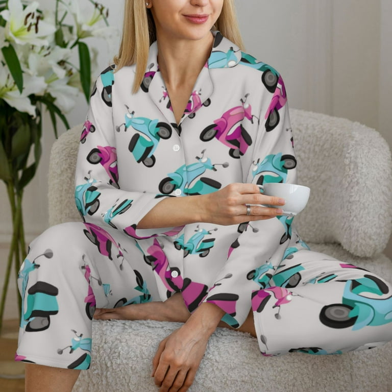 Pajamas for Women Set electric Bike Pattern Soft Comfy Long Sleeve Button Up Pajama Sets for Women 2 Piece Sleepwear Nightwear Pjs Lounge Sets for