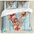 thumbnail image 1 of Letter V Queen Size Duvet Cover Set, Nautical ABC with Beach Inspired Coastal Oceanic Marine Elements, Decorative 3 Piece Bedding Set with 2 Pillow Shams, Pale Blue Ivory Dark Coral, by Ambesonne, 1 of 3