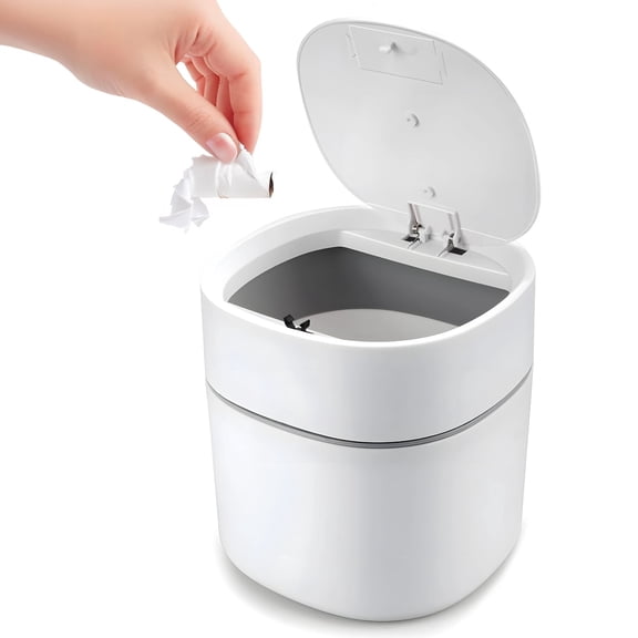 Mini Desktop Trash Can, 0.5 Gallons Small Trash Bin with Press-Top Lid, Compact Table Garbage Bin, Portable Countertop Waste Basket for Office Car Home, White PP Material, 5.1 x 5.5 Inches