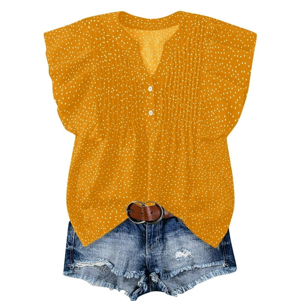 Tops de Color Sólido para las Mujeres Blusas de Cuello en V Manga Corta Plisada, Botón de Moda Casual