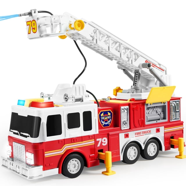 JOYIN Camión de bomberos extra grande para niños y niñas con escalera de 33 pulgadas, luces, sirenas y botones realistas, motor de camión de bomberos grande para niños mayores de 3 años, regalo de cum