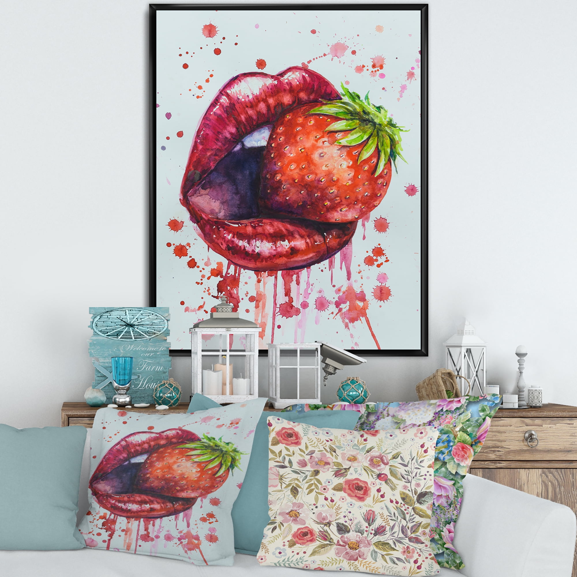 Designart 'Red Girl Lips Eating A Strawberry' Modern Framed Canvas Wall Art Print
