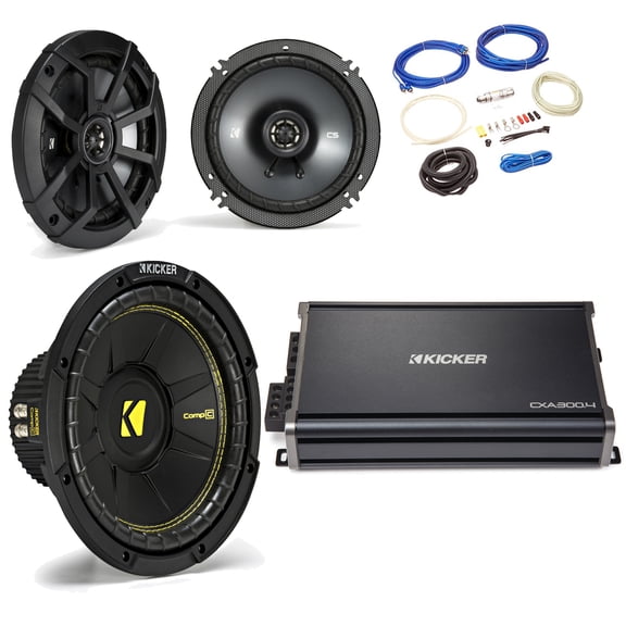 Kicker 44CWCS104 10” CompC Subwoofer 43CSC654 6.5” CS-Series Speakers with 43CXA3004 CX-Series Amplifier and wire kit