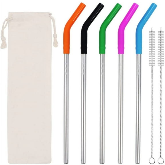5 PCS Metal Straws with Silicone Tip, 8mm Wide Smoothie Straws, Reusable Stainless Steel Straws with 2 Cleaning Brushes,1 Portable Bag (Silver)