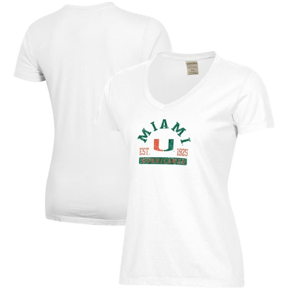 Women's  White Miami Hurricanes Arch Logo Comfort Wash V-Neck T-Shirt