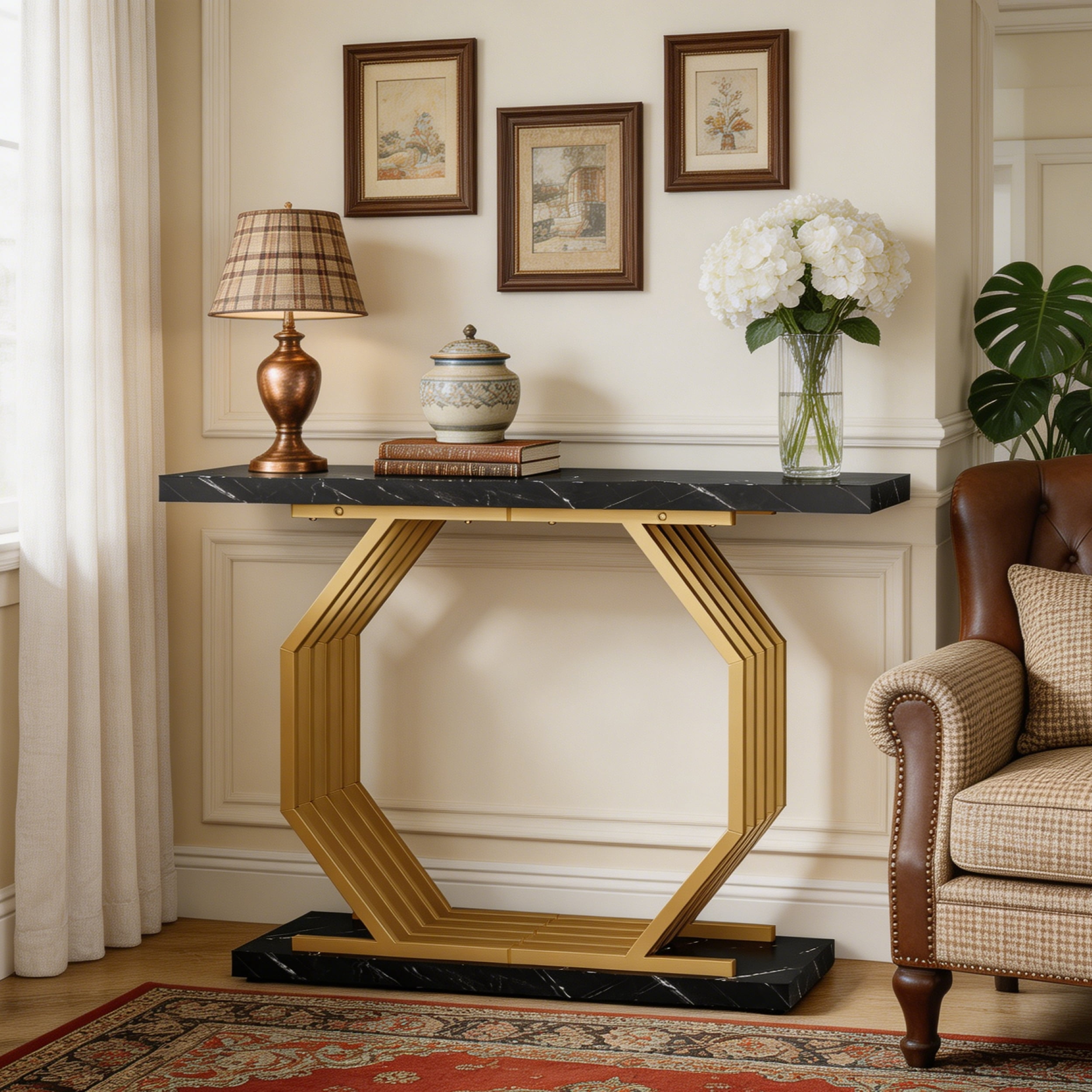 Fnova 40" Console Table, Faux Marble Entryway Table, Narrow Sofa Table with Geometric Metal Frame, Modern Accent Table for Living Room, Hallway, Foyer
