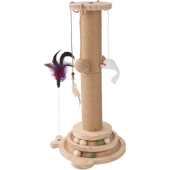 Cat Scratching Post, 4 in 1 Wooden Cat Scratcher Toy, 17.7" Tall Scratch Post with 2 Level Cat Track Balls, Interactive Feather Toy and 2 Sisal Hanging Balls for Indoor Kittens, Adult Cats