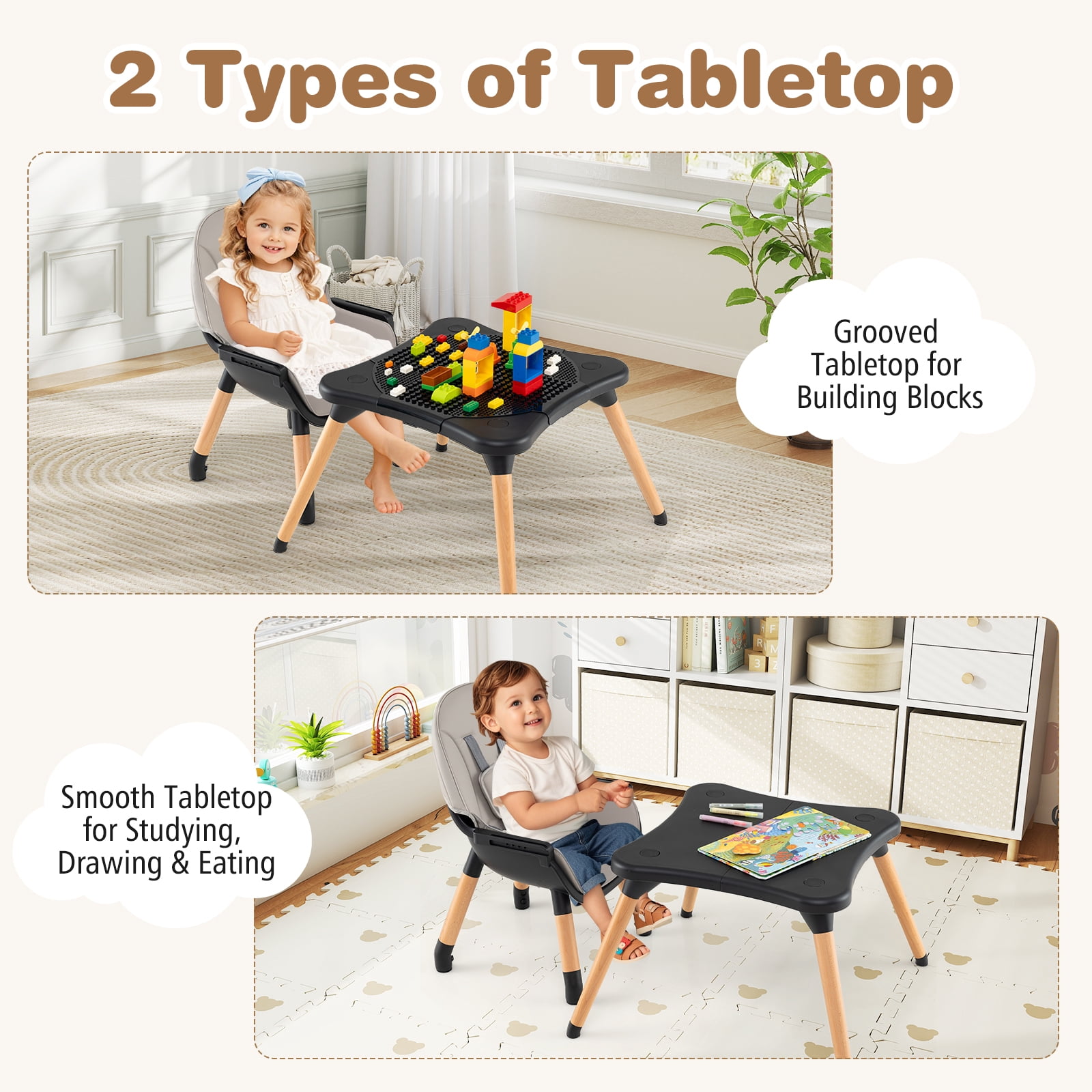 Babyjoy 6 in 1 High Chair Convertible Highchair for Babies & Toddlers with 5-Point Harness Black