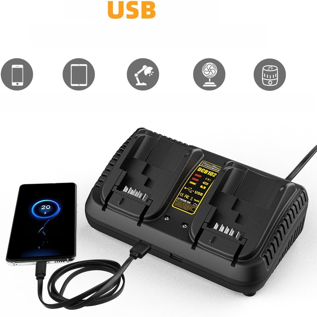 Dual Battery Charger Replace for Dewalt 12V/20V MAX Charging Station DCB102 DCB101 DCB105 DCB112 DCB107 Lithium Battery DCB200 DCB203 DCB204 DCB606 Power Tools（Charger only）