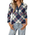thumbnail image 2 of Garbnen Womens Henley Shirts Plaid Spring Summer Long Sleeve Shirt for Women Vacation Loose Trendy Button Blouses for Women, 2 of 4